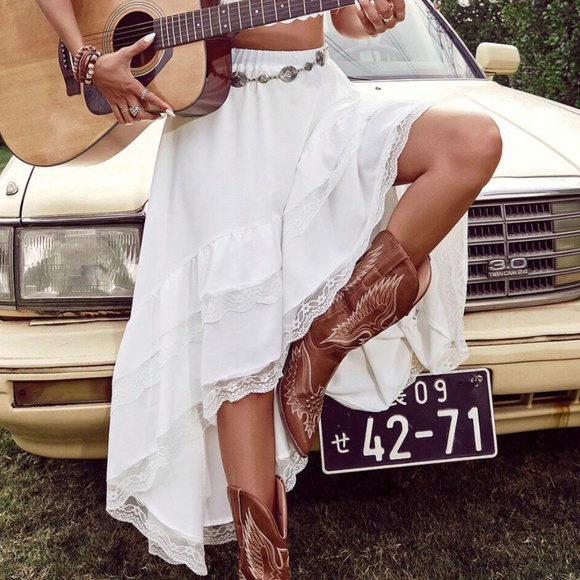 Boho White lace High low Stretchy Waist Maxi Skirt - Picture 2 of 10